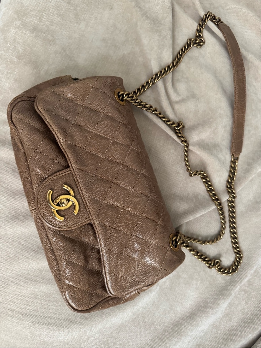 CHANEL Quilted Taupe Leather Flap Bag with Gold Chain